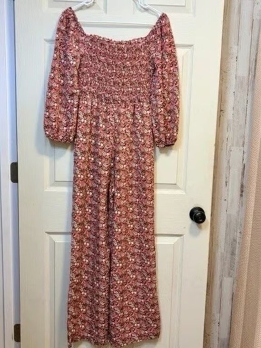 Lor & Piece Collective Jumpsuit Smocked Floral Pink Brown Wide Leg Medium